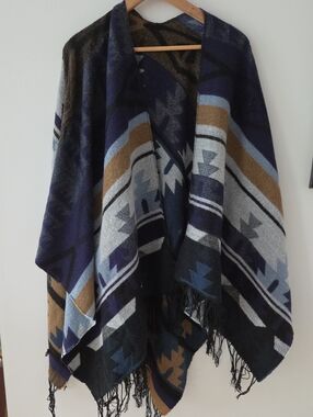 Reitmans Classic Aztec Knit Poncho Sweater - Navy, Black & Tan
